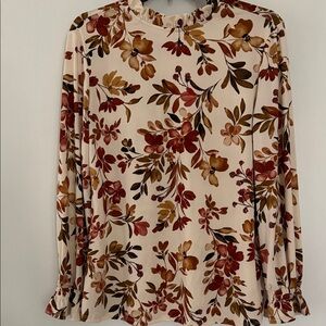 PerSeption Concept Cream Floral Long-Sleeve Blouse with Rust and Mustard Accents
